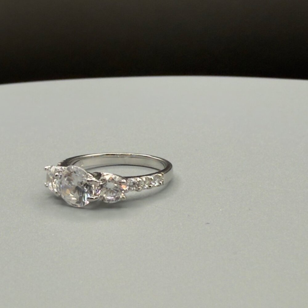 Three Stone Cubic Zirconia Engagement Ring Silver Tone Round Cut Size 6 - Picture 8 of 14